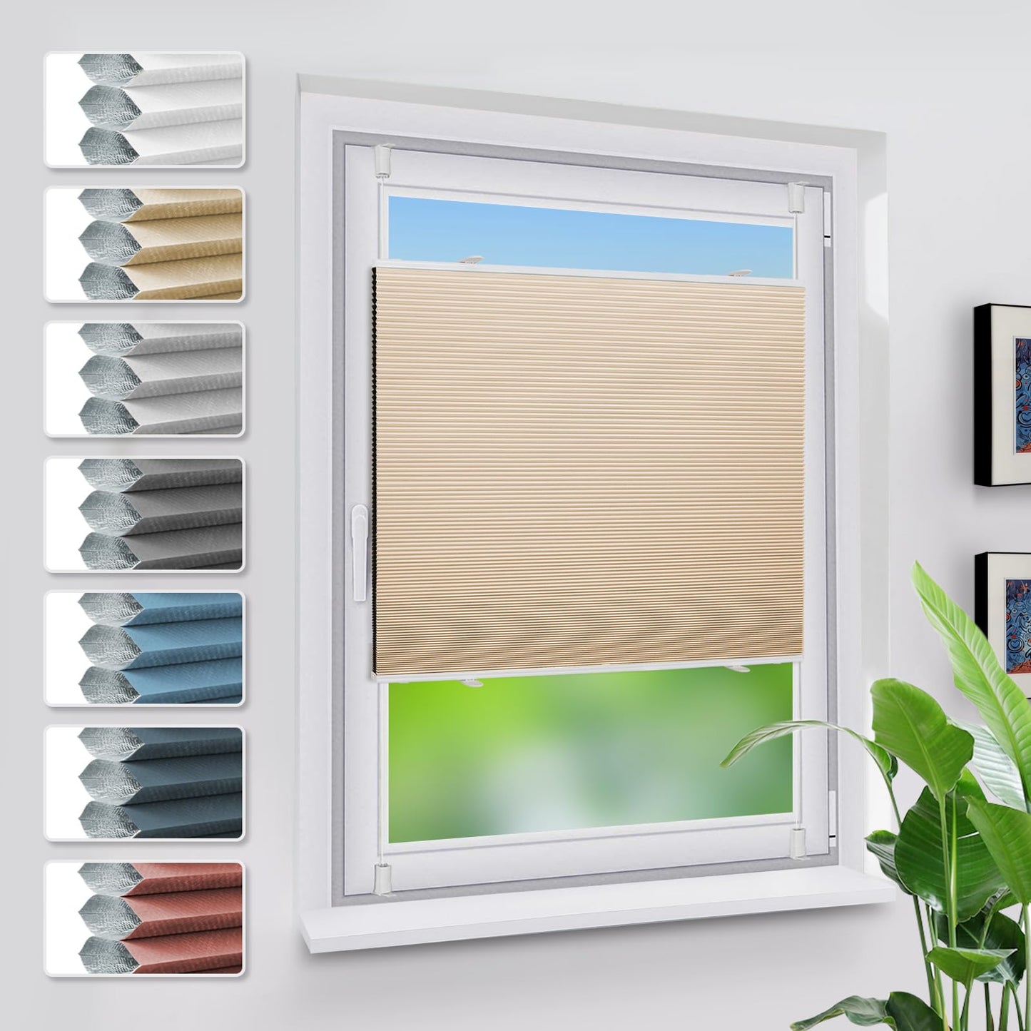 Grandekor blackout pleated honeycomb pleat without drilling White-Beige 65x110cm (WxH) Clamp Fix Pleated without drilling blackout thermal roller insulation, privacy - & sun protection