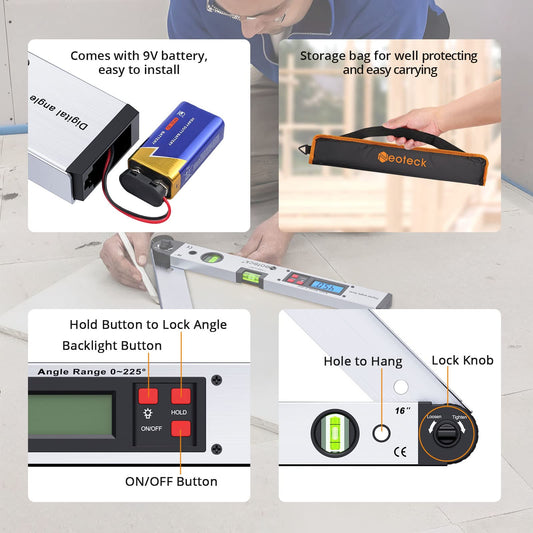 Neoteck Digital Angle Finder 400mm with LCD Spirit Level 0-225° Digital Inclinometer Angle Measuring Tool for vertical horizontal Dual-Level.