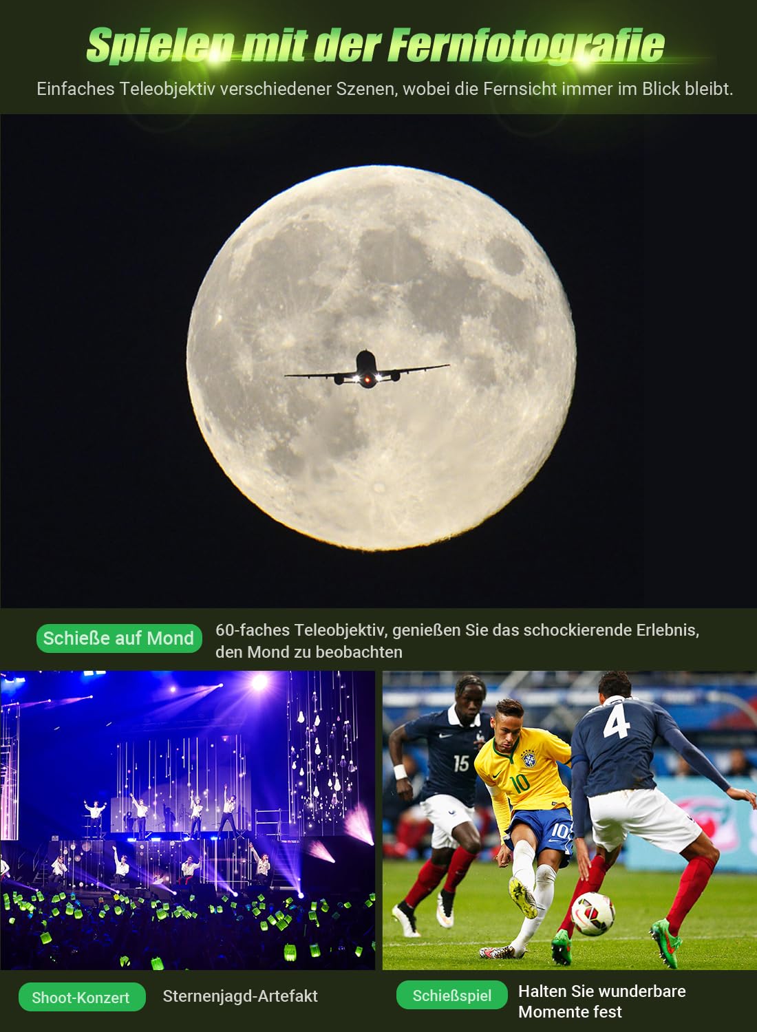 Apexel powerful 60x telephoto lens for iPhone, mobile camera lens with shutter and tripod for moongazing/watching games.