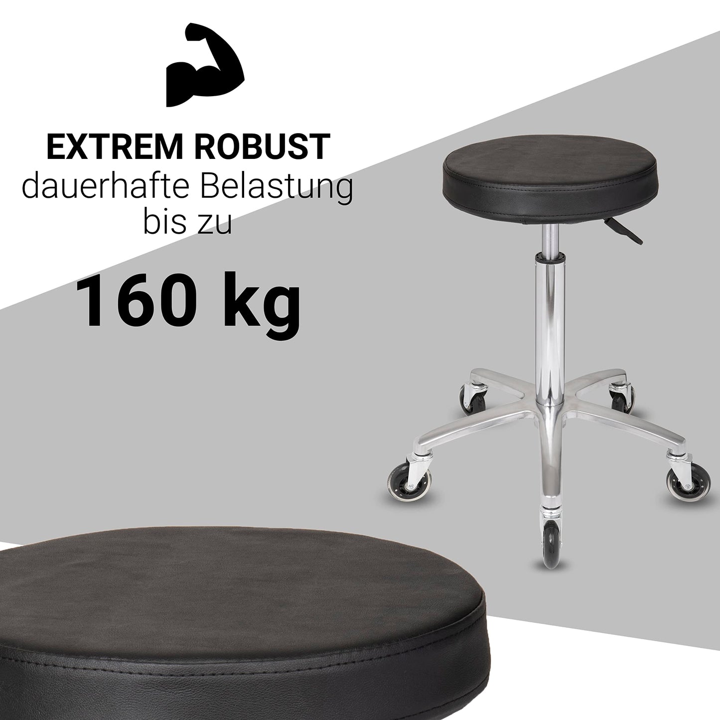 Staboos rolling stool up to 160 kg - gel cushion seat round - practice stool (premium castors) swivel stool height adjustable (55 cm to 75 cm) round stool