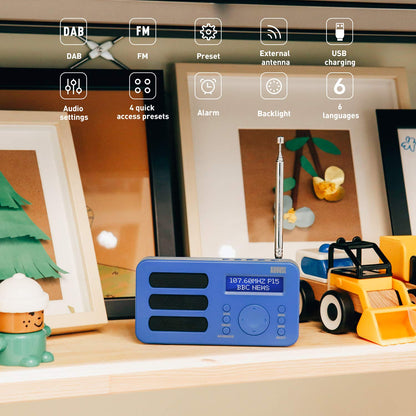 August MB225 - Portable radio with DAB+ / DAB/FM RDS function 40 presets digital radio alarm clock stereo/mono digital radio with sleep timer dual alarm snooze and rechargeable battery audio input.