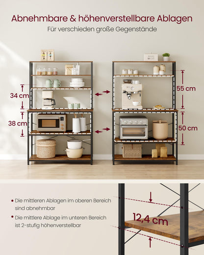 VASAGLE Kitchen Shelf, shelving unit, microwave shelf, standing, 6 shelves, 6 hooks, steel frame, industrial design, 40 x 100 x 167 cm, vintage brown-ink black KKS039K01