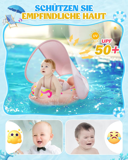 Baby swim ring with UPF50+ sun canopy, removable inflatable swim seat swim trainer, adjustable safety seat, baby swim aid for 3-36 months.