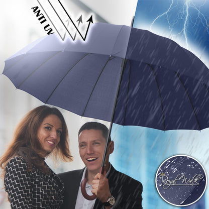 Royal Walk Large XXL 54 inch Automatic Travel Golf Umbrella for Men and Women Stormproof Windproof Lightweight Classic for 2 People Wooden Handle Water Repellent 16 Ribs Unisex 120cm