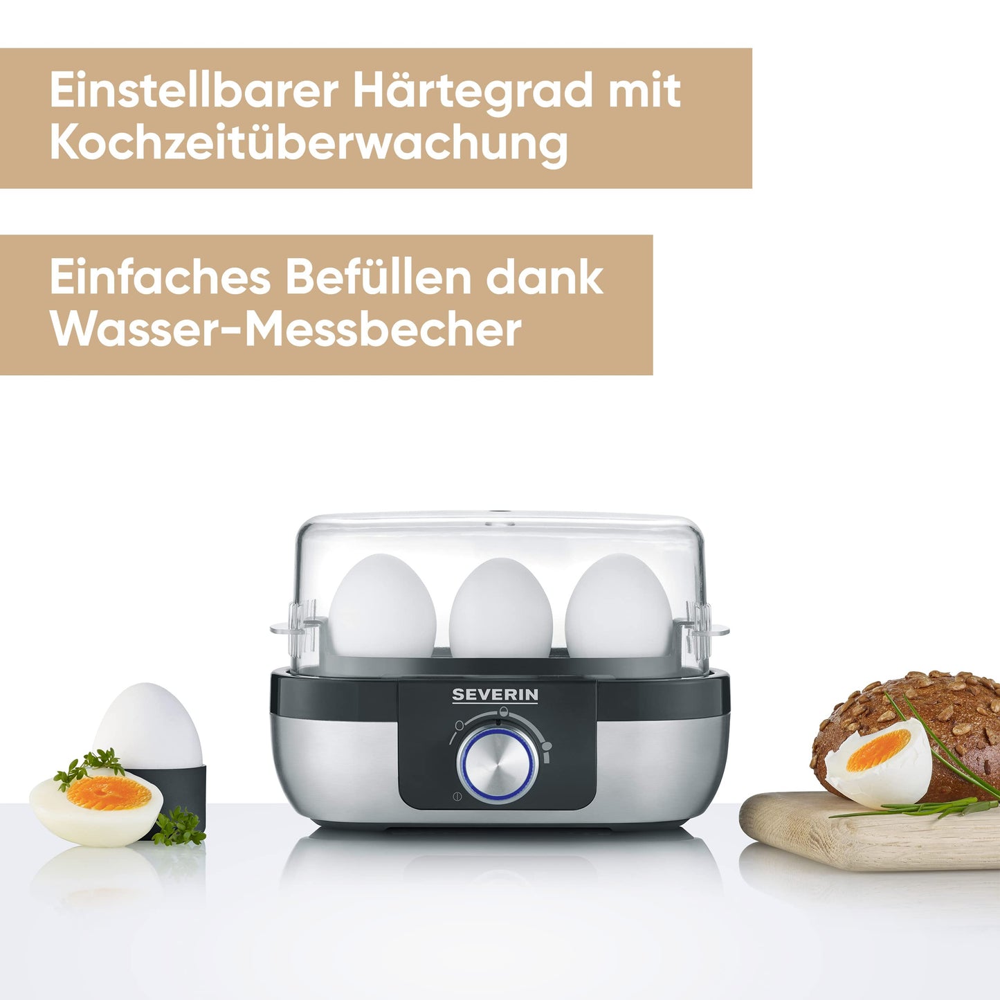 SEVERIN egg cooker for 3 eggs with electronic cooking time monitoring, including measuring cup with egg piercer, egg cooker for ideal hardness level, stainless steel brushed/black, 300 W, EK 3163