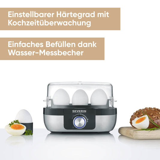 SEVERIN egg cooker for 3 eggs with electronic cooking time monitoring, including measuring cup with egg piercer, egg cooker for ideal hardness level, stainless steel brushed/black, 300 W, EK 3163