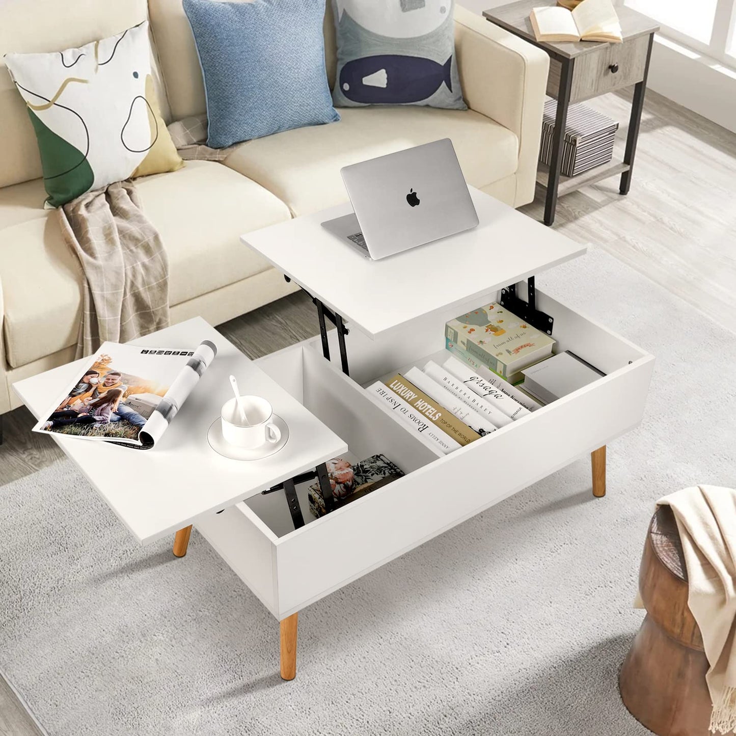 VOWNER Coffee Table, Adjustable Height, Extendable, Retractable, Separate Hidden Storage, Double Lift Top, Living Room Table, White.