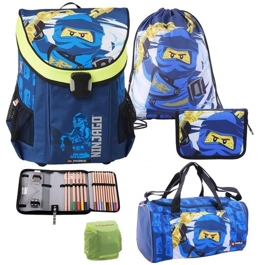 Familando Lego Ninjago backpack set 5 pieces. Easy school bag Jay with filled pencil case, gym bag, rain cover, and large sports bag Blue Ninja Jay.