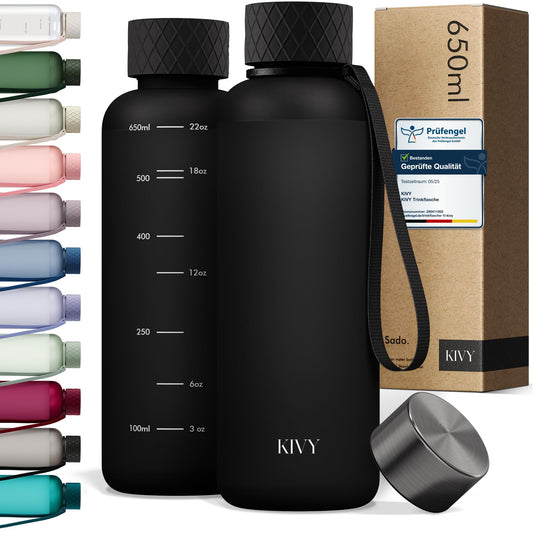 KIVY Water Bottle 650ml [BPA FREE] Leakproof & Dishwasher Safe - Water Bottle for Kids & Adults - Small Water Bottle - Black Water Bottle - Tritan Bottle suitable for carbonation