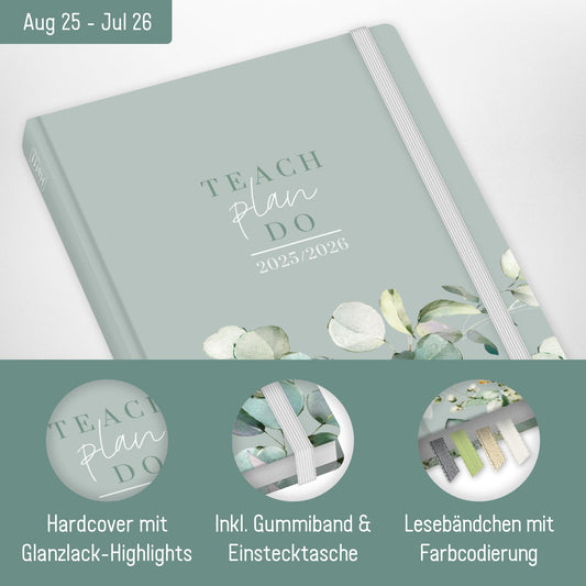 Häfft® Teacher Planner 2025/2026 A5 + "Minty Leaves" Hardcover Teacher Calendar/School Year Planner with 236 pages, stickers and more - sustainable & eco-friendly