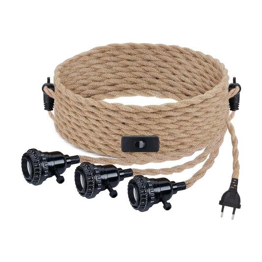 Hemp rope pendant light kit with switch and EU plug, 3 lights hanging lamp E27 socket with 8.5m textile cable vintage industrial pendant light for kitchen dining table, no bulb included.