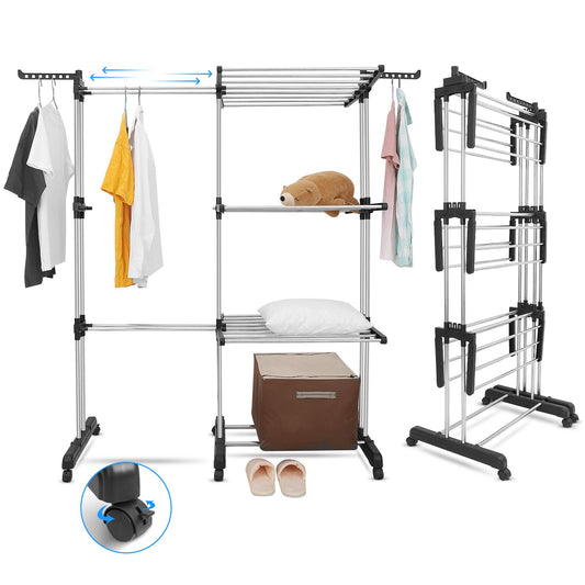 johgee 2 in 1 laundry rack tower, extendable length 66-130 cm, with 6 foldable wings on 3 levels, foldable drying rack for large families