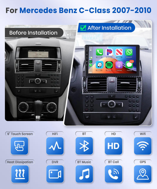 2+64G Podofo 9" Car Stereo for Mercedes C-Class W204 S204 2007-2014 Android 13 Carplay Wireless HI FI Bluetooth with Touchscreen Navi Bluetooth RDS/FM Radio DVR+AHD Backup Camera