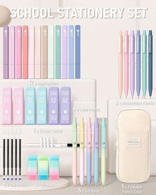 Four Candies 39-Piece School Supplies with Pencil Case, 12 Pastel Highlighters, 5 Gel Pens, 6 Mechanical Pencil Set, Aesthetic Pens, and Cool Stuff for Teenage Girls School Essentials Clean Girl (Cream)