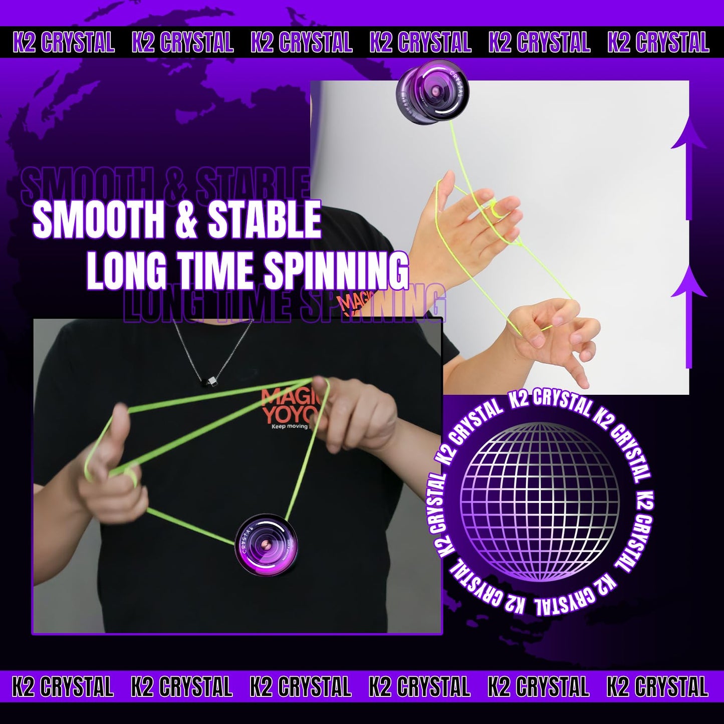 MAGICYOYO Crystal Yoyo K2, professional yo-yo for responsive and unresponsive play, with ball bearing and axle for tricks. Great for kids and beginners, comes with 12 strings, case, and accessories (Black Purple).