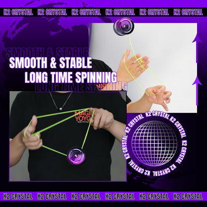 MAGICYOYO Crystal Yoyo K2, professional yo-yo for responsive and unresponsive play, with ball bearing and axle for tricks. Great for kids and beginners, comes with 12 strings, case, and accessories (Black Purple).