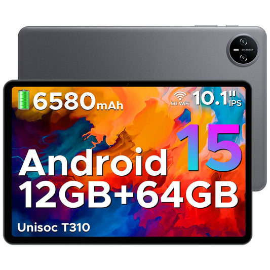DOOGEE Tab A9 10-inch Android 15 Tablet, 12GB RAM+64GB ROM(TF 2TB), Gaming Tablet with 6580mAh battery, Unisoc T310, dual speakers, 5G WiFi, 8MP camera, Type-C, GMS, Bluetooth 5.0, Face ID, 3.5mm headphone jack.