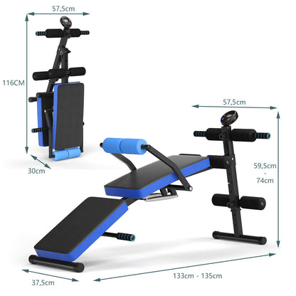 COSTWAY Folding Sit Up Bench, 5-level height adjustable training bench with monitor, incline bench, home trainer up to 150kg load capacity for sit-ups and leg lifts (Blue)