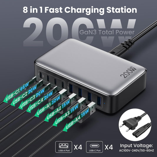 Feob 200W USB C Charger Multi, GaN III 8-Port Fast Charger PPS PD 65W Charger Adapter Fast Charging Station with USB-A power adapter for MacBook, iPhone, SteamDeck, Smartphones