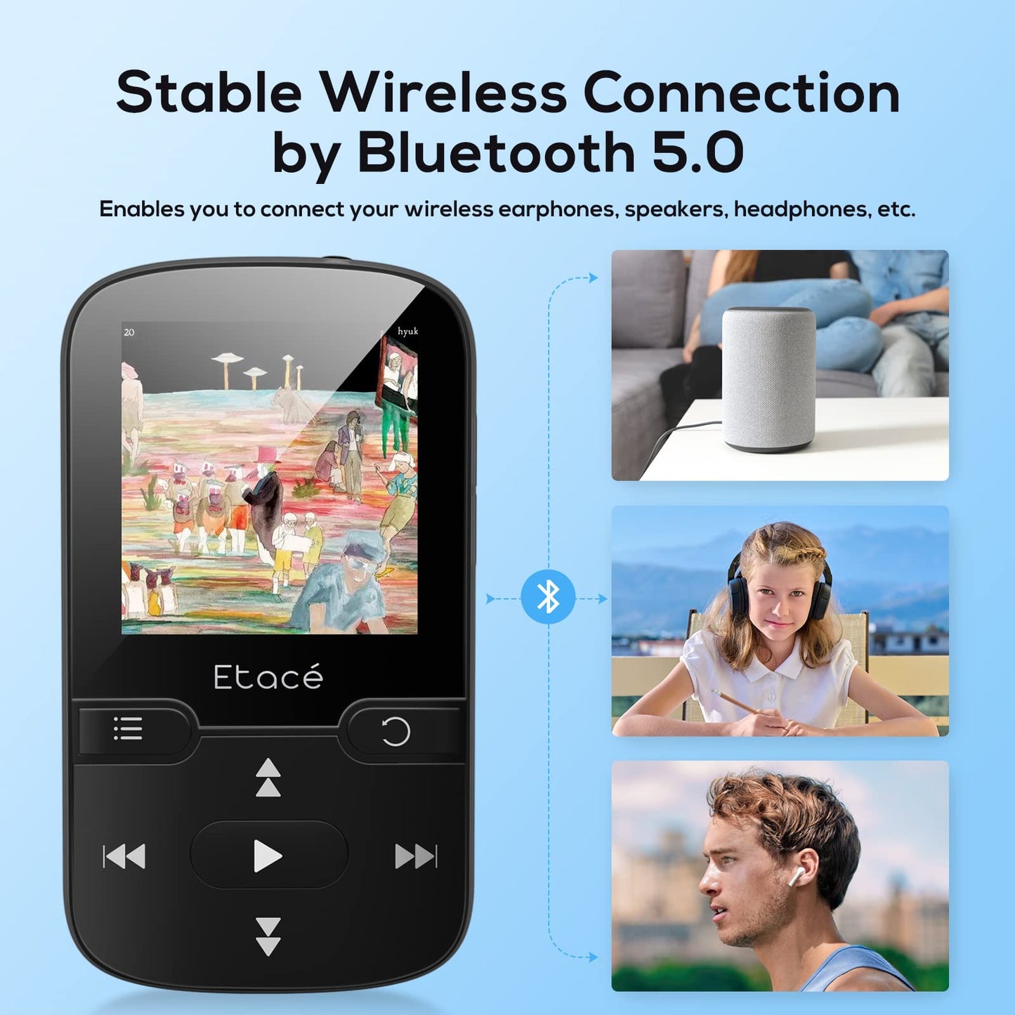 Etacé MP3 player with Bluetooth 5.3, sports music player with 16GB internal storage, FM radio, e-book, pedometer, voice recording, and support for up to 128GB TF/Micro SD card.