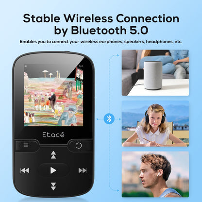 Etacé MP3 player with Bluetooth 5.3, sports music player with 16GB internal storage, FM radio, e-book, pedometer, voice recording, and support for up to 128GB TF/Micro SD card.
