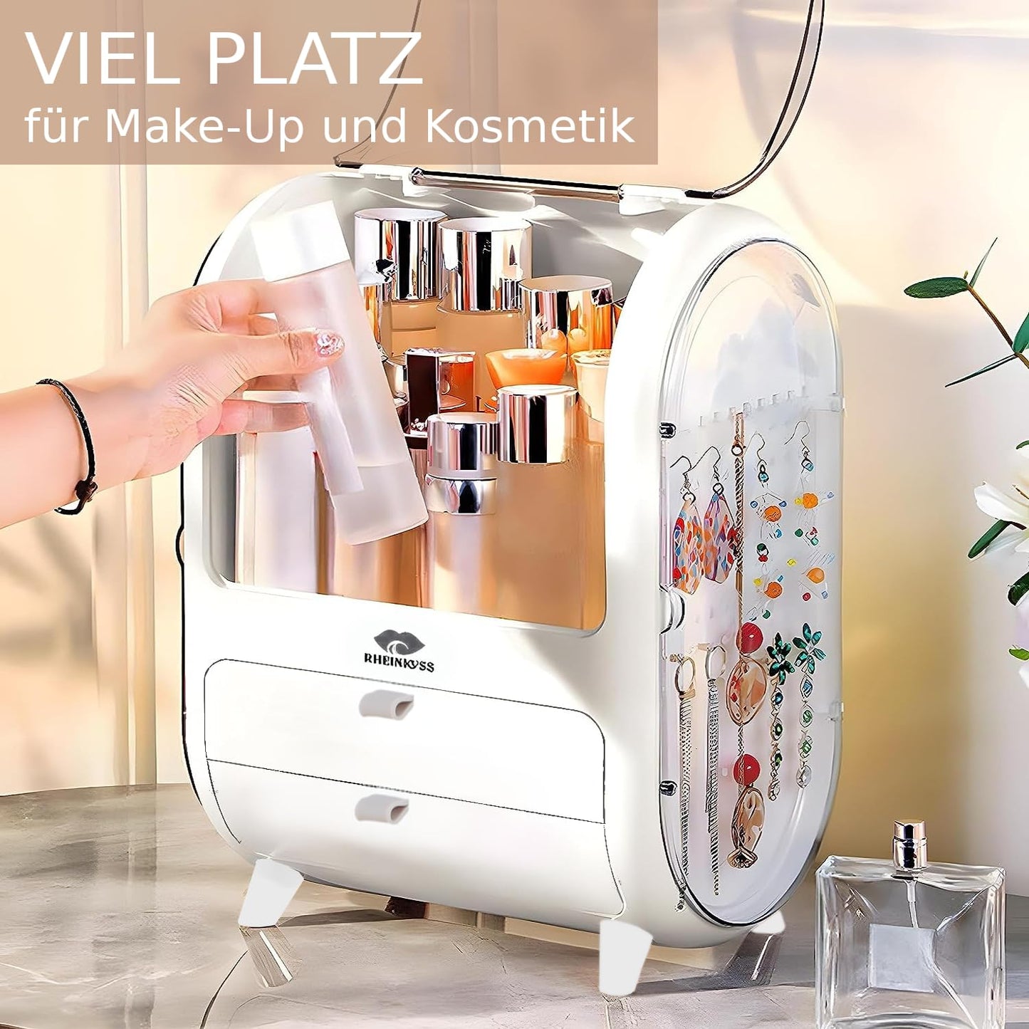 Rhinekiss Makeup Organizer with Drawers, waterproof & dustproof, Cosmetic Organizer Vanity Makeup Storage Bathroom Makeup Perfume Nail Polish Beauty Accessories Bathroom Organize.