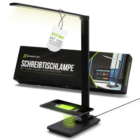 SMARTIVE | Design desk lamp with wireless charging function - LED office lamp with 10W wireless charging - eye-friendly dimmable light and cable-free charging | black desk lamp + USB output
