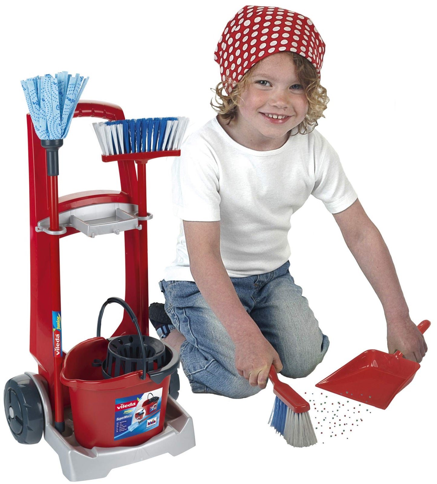 Theo Klein Vileda Sweeper Cart I With mop, bucket, broom and much more I 29 cm x 24 cm x 60 cm & Leifheit Drying Rack I For freshly washed doll and teddy bear clothes 27 cm x 63 cm x 50 cm