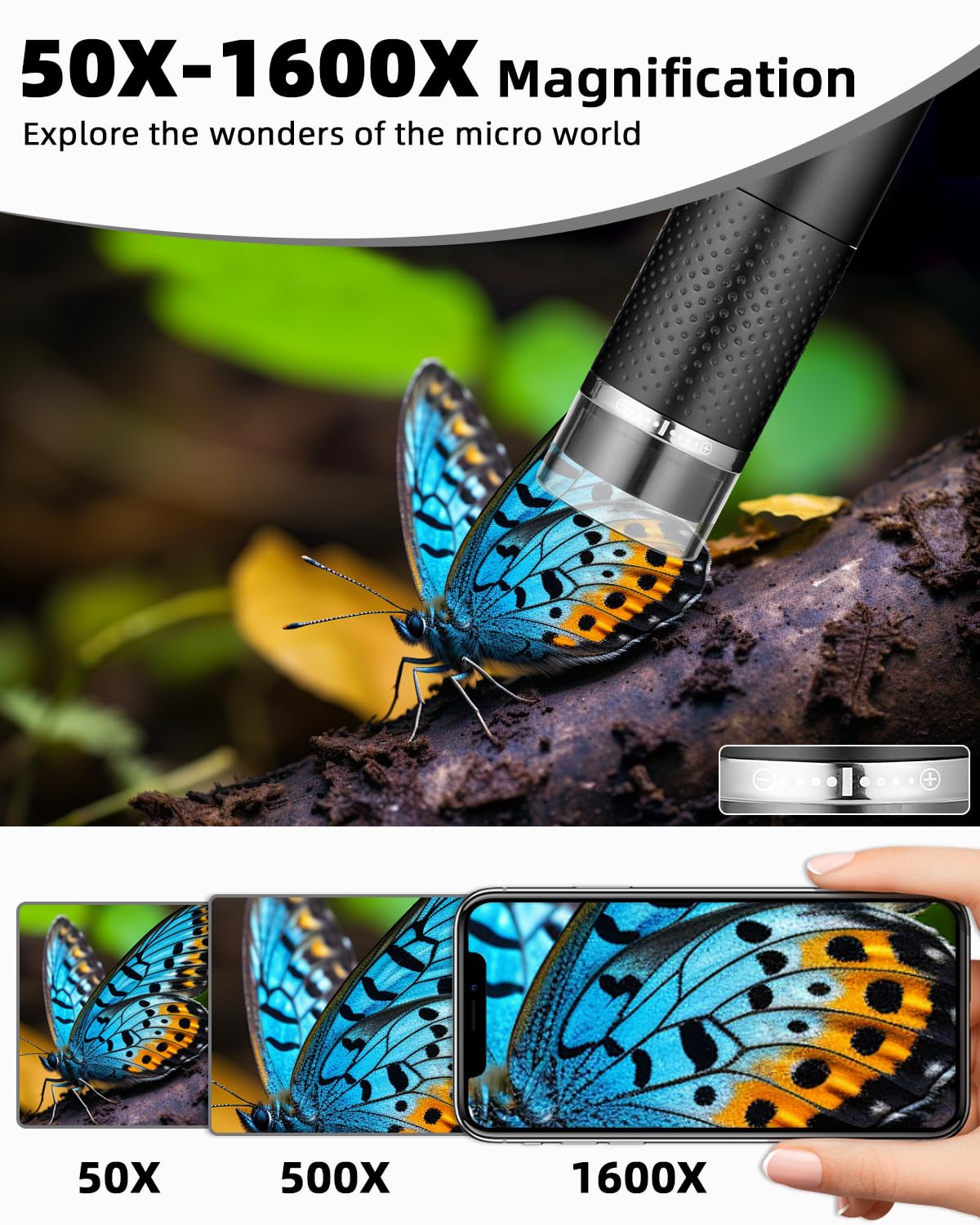 USB Microscope for Phone, 1080P HD, Compatible with iOS, Android, Tablet, 10 to 200X Portable Pocket Microscope, 3 Adjustable LED Lights Microscope Digital, Portable Microscope for Adults and Kids