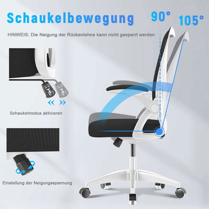 Rattan office chair with foldable armrests, ergonomic desk chair with lumbar support, height adjustable, space-saving, swivel chair for the office.