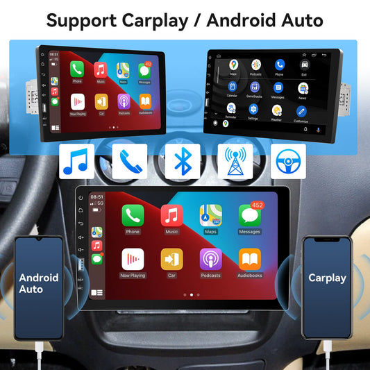 Rimoody Carplay car stereo 1 Din with Android Auto Bluetooth FM 9 inch touchscreen car stereo with IOS/Android Mirror Link USB/AUX/TF/EQ steering wheel control Digital Media Receiver with rear view camera microphone