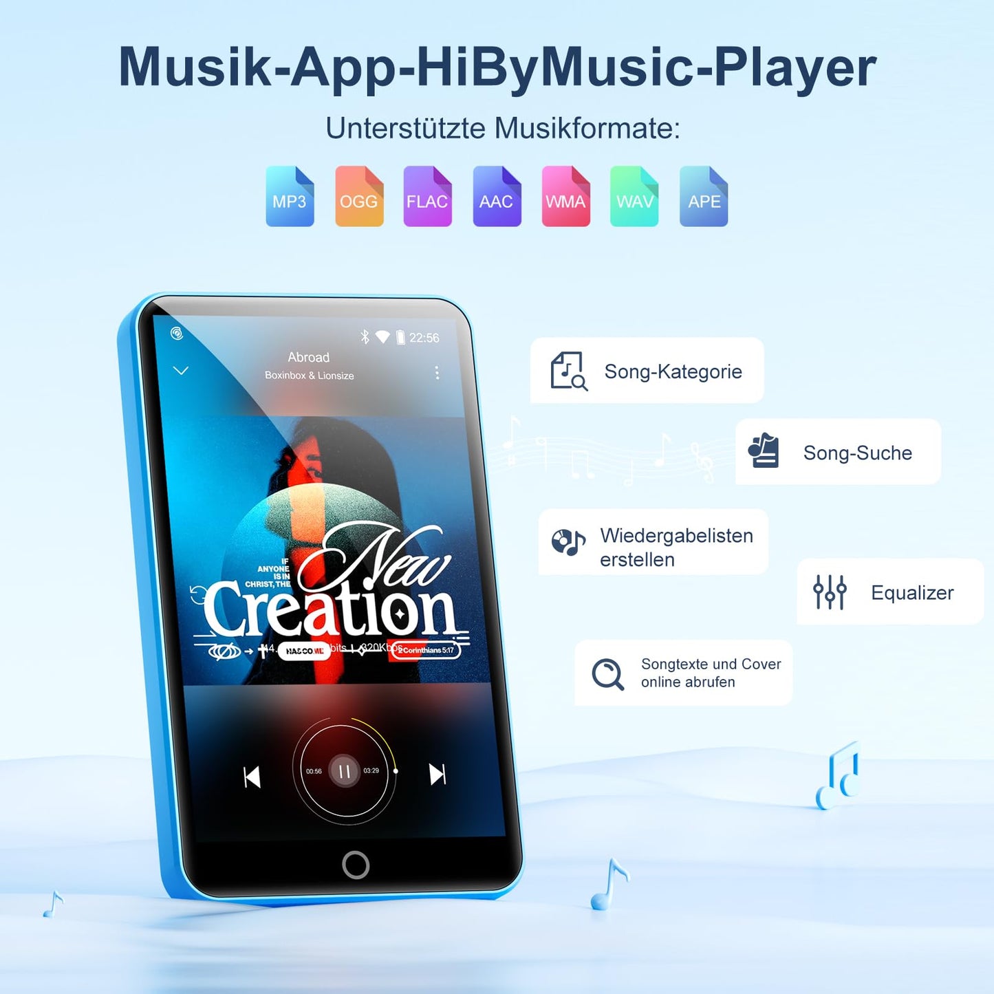 80GB MP3 player with Bluetooth and WiFi, MP3 & MP4 music player, Oilsky 4-inch 1080P touchscreen video player, portable Android Spotify player with Play Store app (Blue)