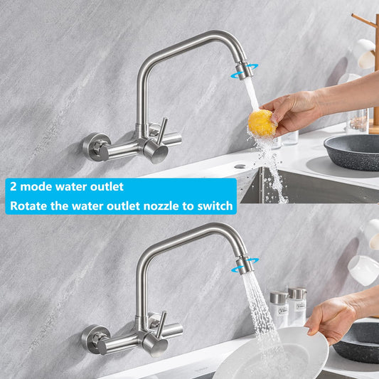 ONCE wall-mounted kitchen faucet with 2 spray settings, kitchen faucet wall mixer with 360° swivel, wall-mounted kitchen sink faucet in brushed stainless steel, matte.