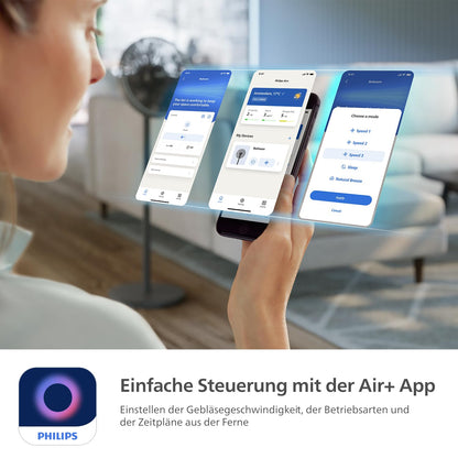 PHILIPS Smart Stand Fan Series 3000. Powerful & extremely quiet SilentWings technology. 19 dB. 2-in-1 table & stand fan. Adjustable tilt & oscillation. App control. 12-hour timer. Black (CX3550/01)