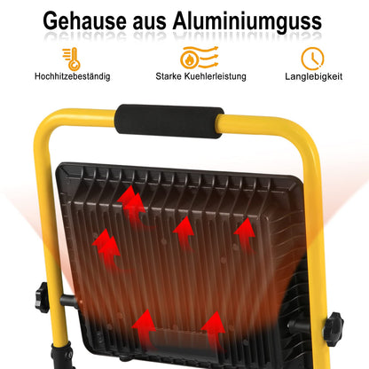 On LED construction spotlight 100W, construction site spotlight warm white work spotlight LED floodlight floodlight with 3M cable, tripod stand and handle, waterproof IP66 floodlight for garden, garage.