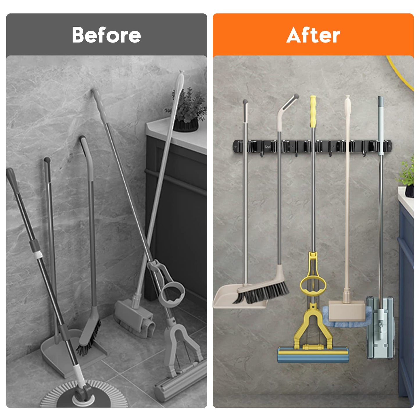 2 pieces of broom holder wall, ibell tool holder stainless steel with 10 slots and 8 hooks, mop holder wall mount garden tool holder wall hook self-adhesive tool holder for bathroom garden garage.