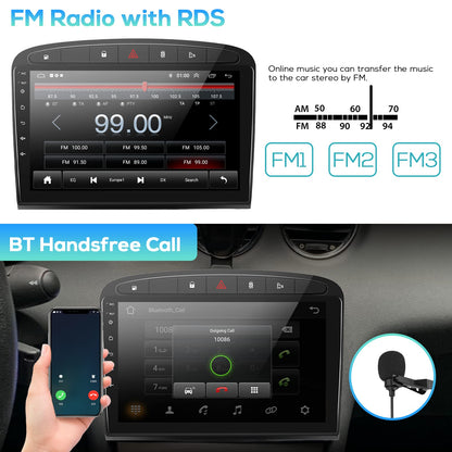 Podofo Android car radio GPS for Peugeot 308 408 2007-2015, 9" touchscreen, WiFi, Bluetooth, FM RDS radio, mirror link, USB, car navigation, video stereo player for Peugeot 308 + rear camera