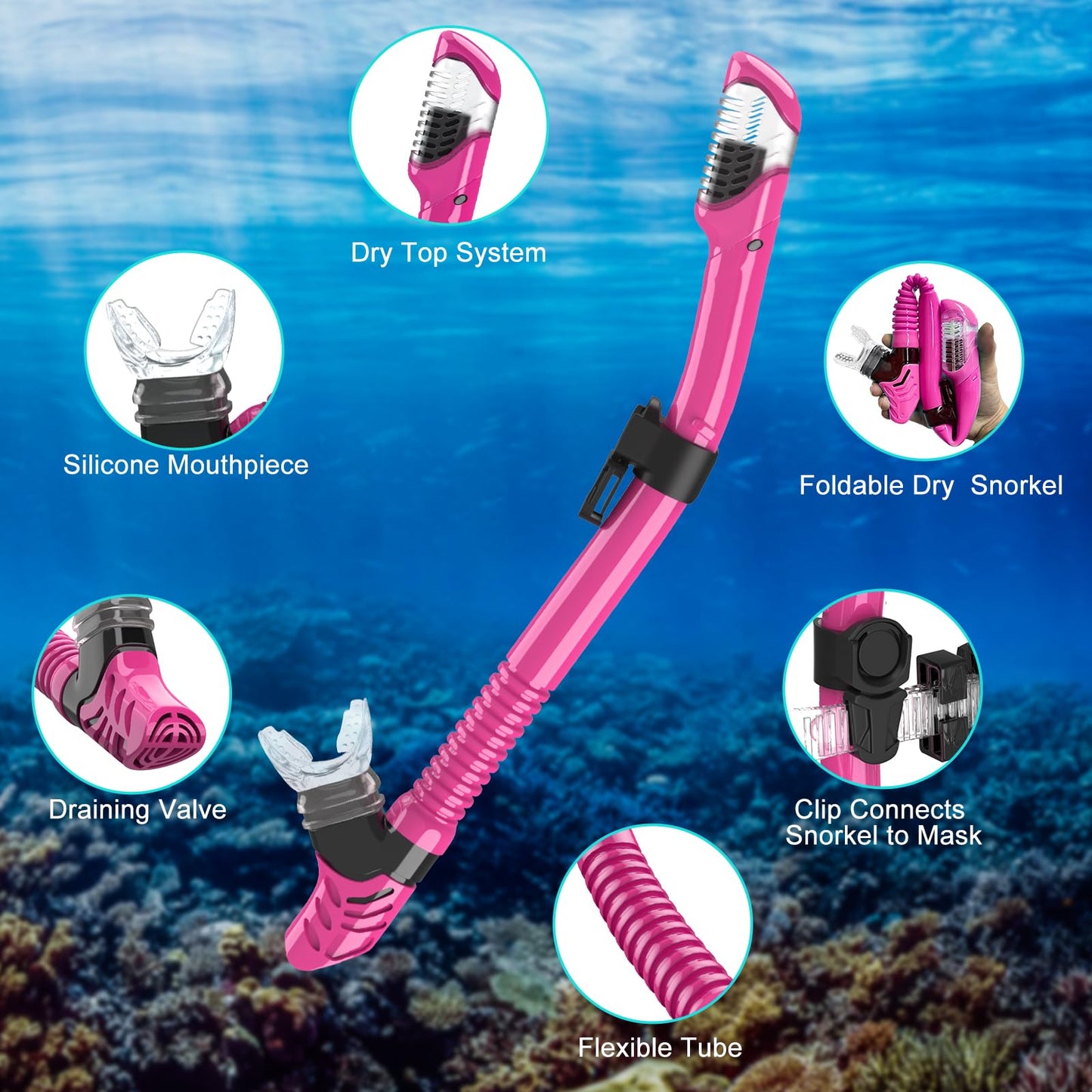 JEMULICE Adult Snorkel Set, Snorkeling Set with Diving Mask and Dry Snorkel for Men and Women, Anti-Leak & Anti-Fog Dive Mask made of Tempered Glass for Diving, Snorkeling, and Swimming.