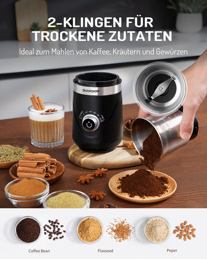 SHARDOR Coffee Grinder with 2 Stainless Steel Cups Spice Grinder, Automatic Timer, Quiet Grinding, Can Be Used to Grind Coffee Beans, Spices, Grains, Sugar, Nuts, 2 * 80 g.