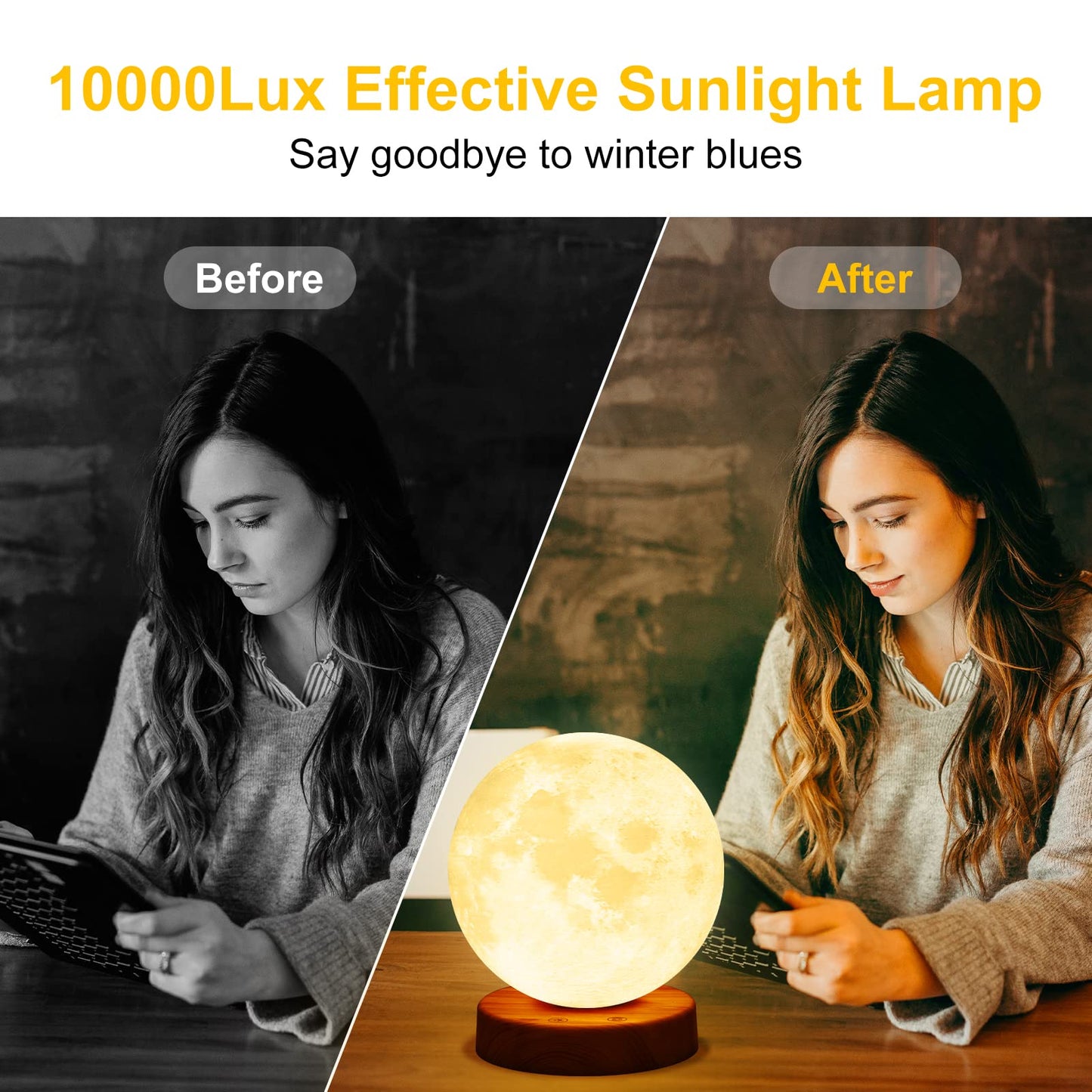 Deng Jr daylight lamp 10000 Lux Moon light therapy lamp, simulation of daylight, UV-free sunlight lamp with remote control, 3 color temperatures, adjustable light intensities, and timer