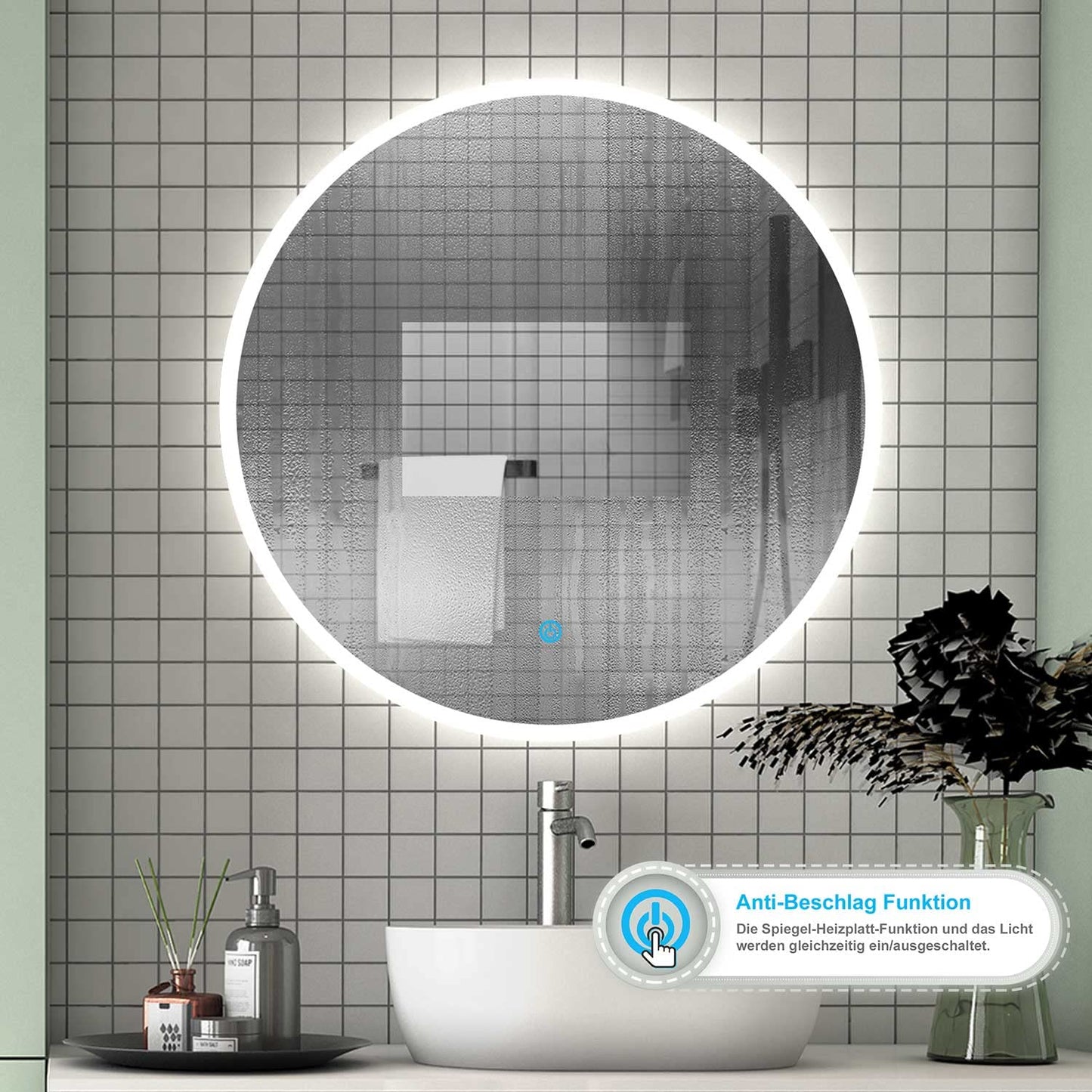 LED bathroom mirror round 60 cm touch demisting wall mirror with lighting light mirror Alpha series