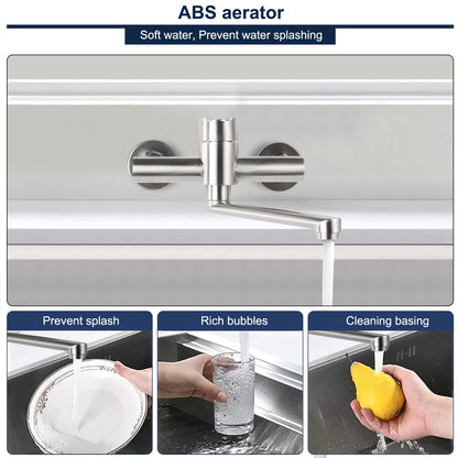 Wall-mounted stainless steel kitchen faucet, 360° rotatable, cold and hot water mixer, swivel arm 23cm, brushed.