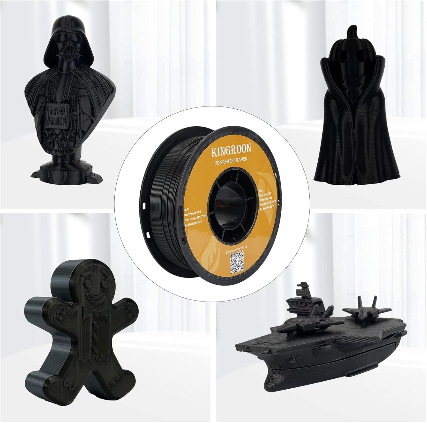 kingroon 3D Printer Filament PLA 3D printer filament, made of polylactic acid, available in black and white.