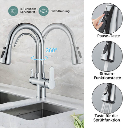 Onyzpily Kitchen Faucet Chrome High Pressure Kitchen Faucet with Pull-Out Sprayer, Pure Water Mixer Tap Sink Faucet 360° Swivel 2 Spray Functions High Arc Stainless Steel