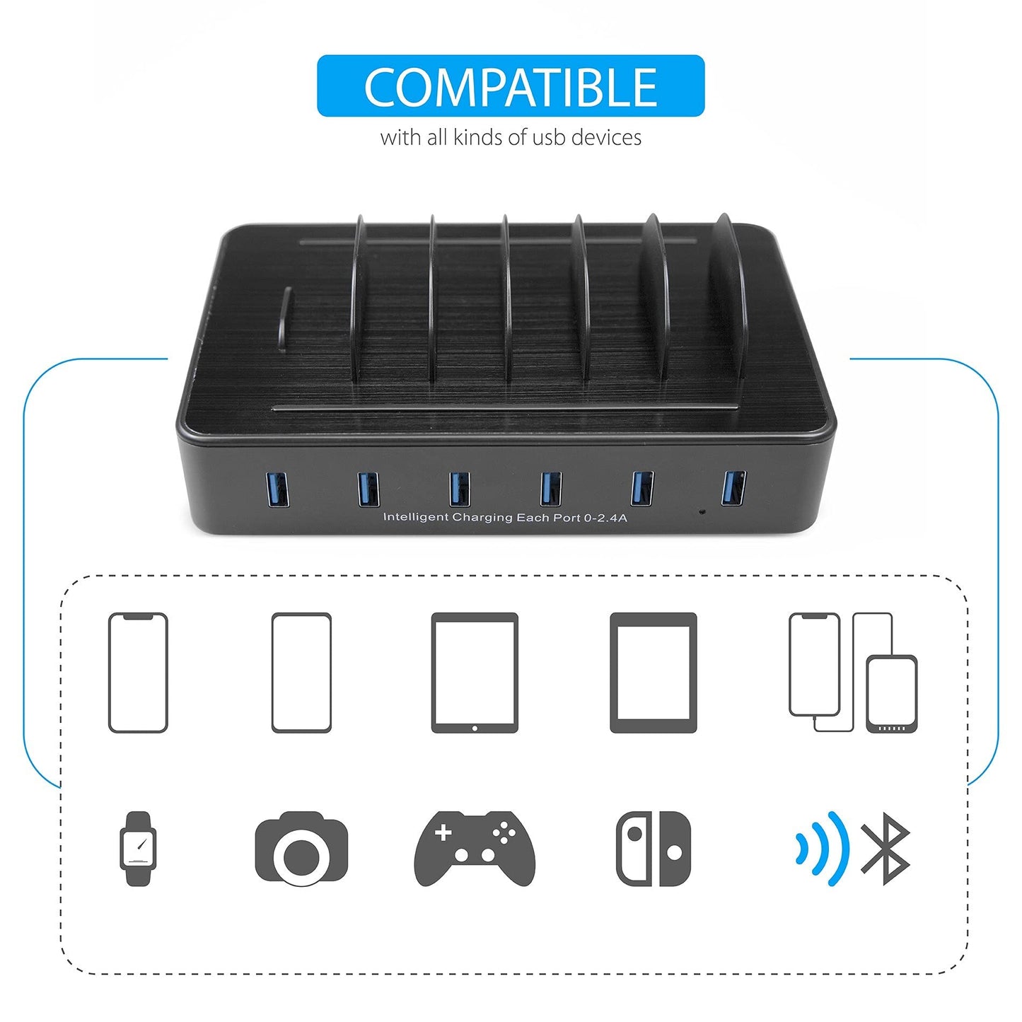 TechDot Mobile USB Charging Station Charging Station Multiple Devices 6 Port USB Multi Charging Station for Mobile Phones Smartphones Tablets (with 3 Micro USB Cables and 3 USB C Cables, Black)