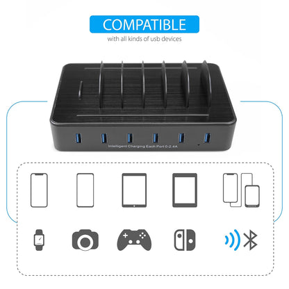 TechDot Mobile USB Charging Station Charging Station Multiple Devices 6 Port USB Multi Charging Station for Mobile Phones Smartphones Tablets (with 3 Micro USB Cables and 3 USB C Cables, Black)
