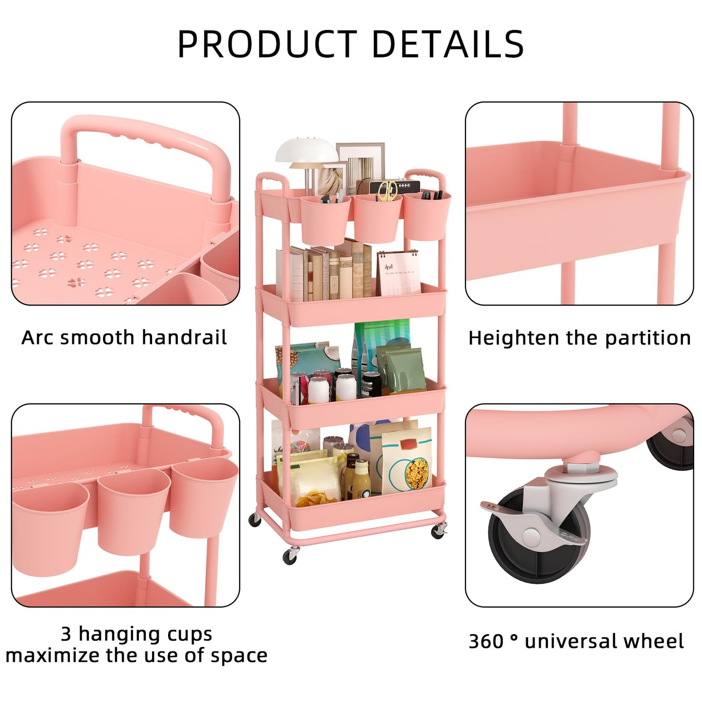 JIUYOTREE 4-tier plastic rolling cart with additional hanging handles, locking wheels for living room, bathroom, kitchen, office, Pink.