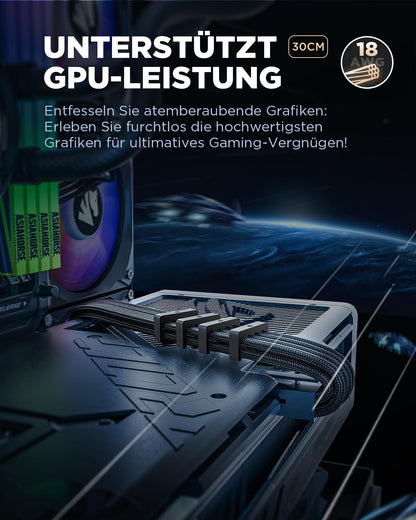 AsiaHorse PSU Cable Extension, PC Sleeved Cable Kit for GPU/CPU, 16AWG Power Supply Cable Extensions with Cable Combs, 24PIN/(6+2)PIN/(4+4)PIN Cable Management, 30CM, Black.