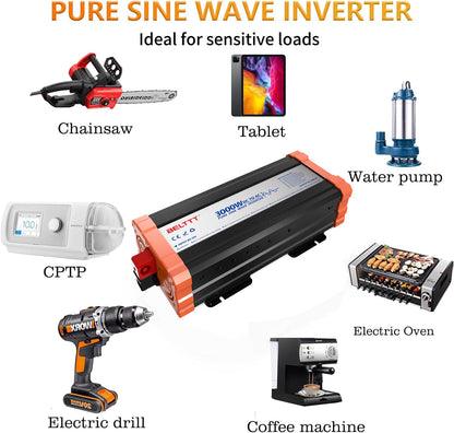 Inverter Voltage Converter 12V to 230V Pure Sine Wave Inverter 1500W with EU sockets, USB output, and LCD display Peak power 3000W for car truck camping emergency household appliances