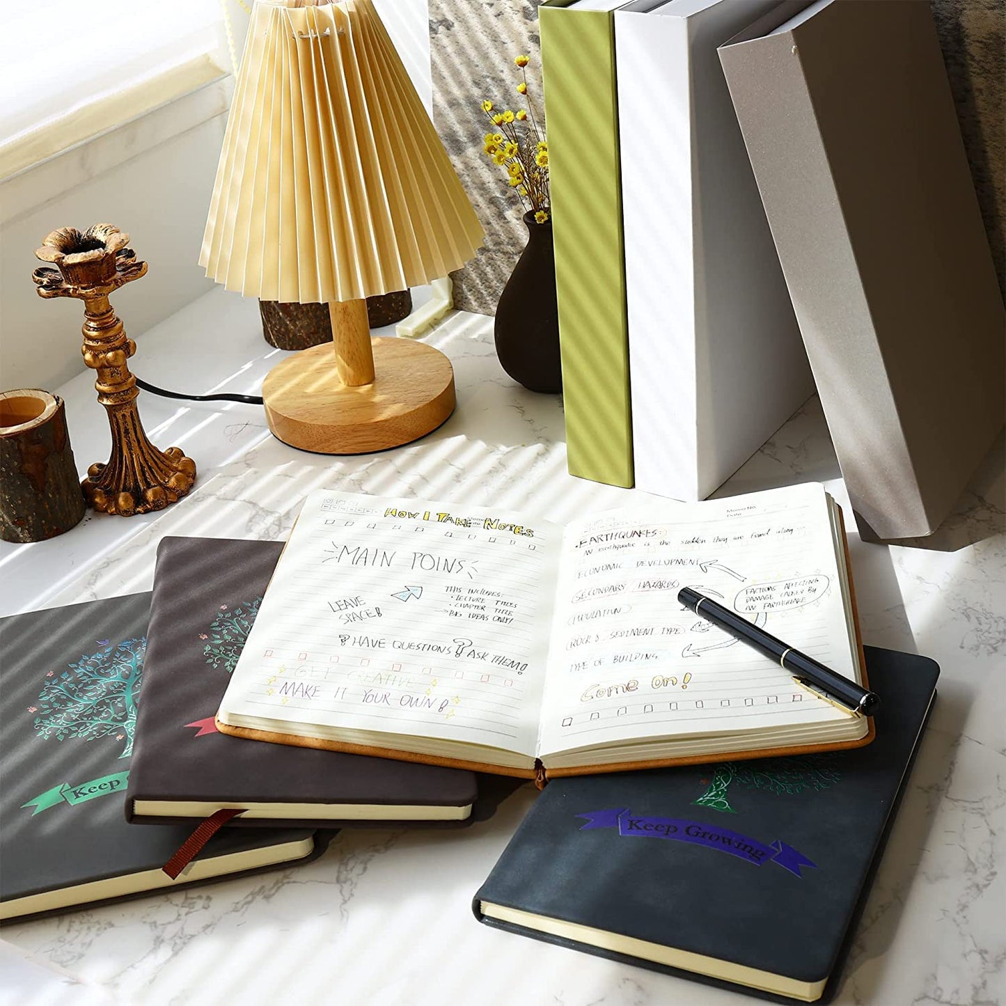 4-pack Tree of Life adult journals, A5, lined, wide ruled, writing diary, notebooks, 180° Layflat, thick paper, faux leather, hardcover, 200 pages